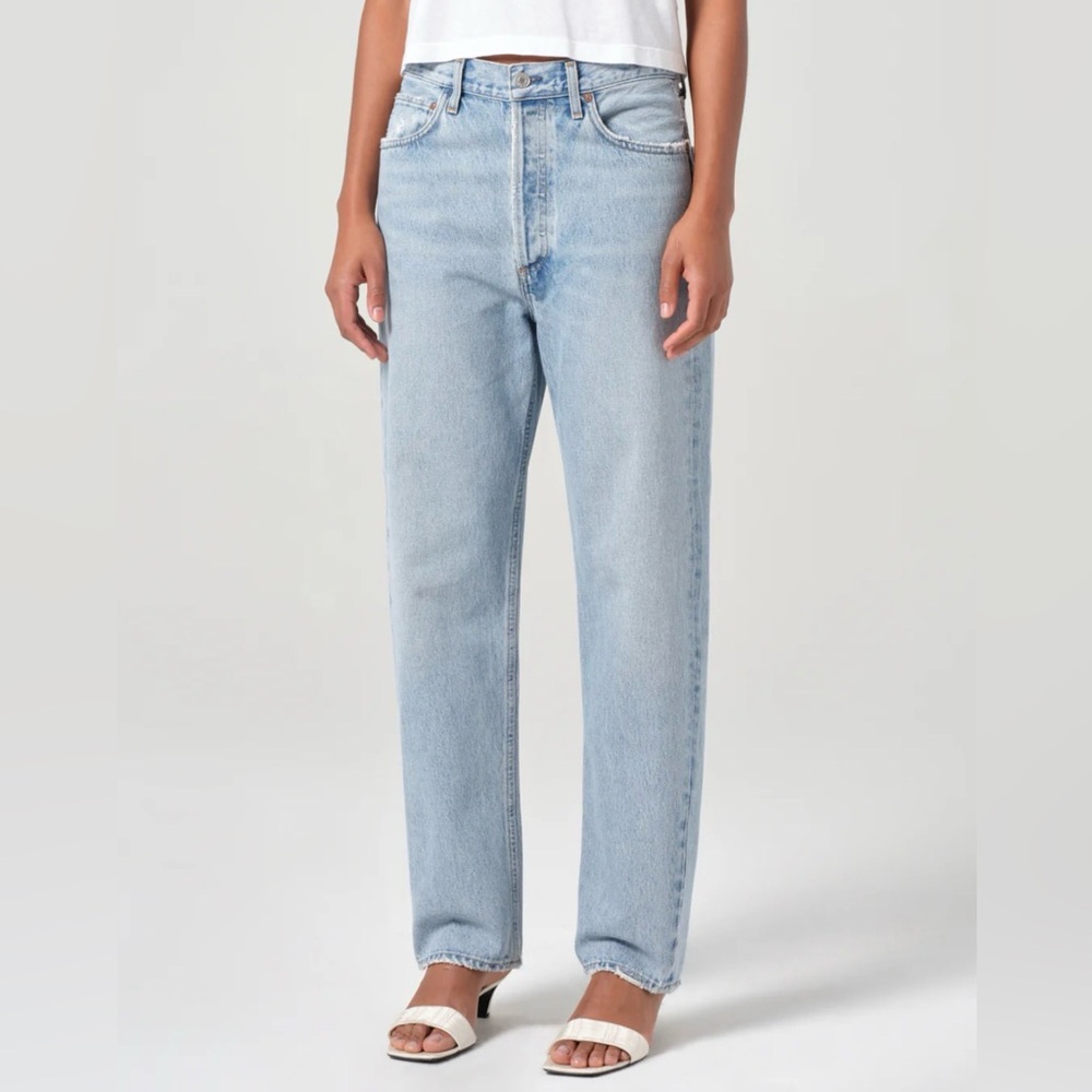Agolde Light Blue Denim Jeans with Golden Topstitching